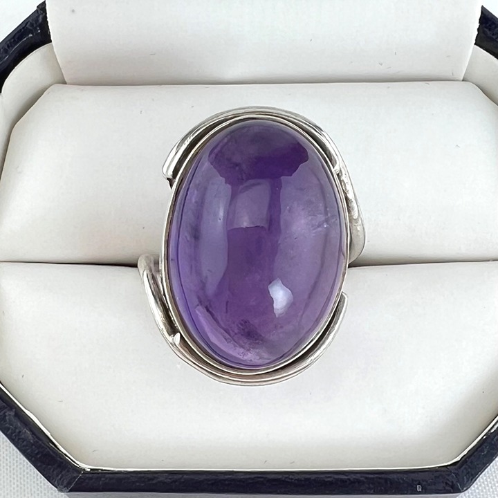 Vintage Large Amethyst Cabochon Asymmetrical Band Ring Sterling Silver Size 9