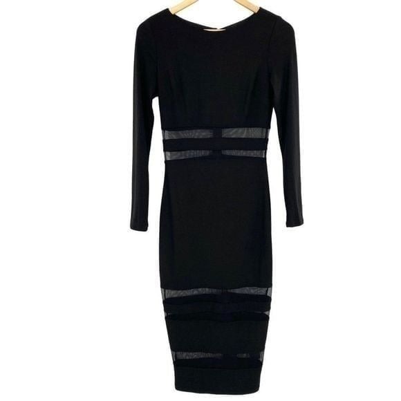 Bebe Black Midi Pencil Dress Sheer Mesh Panels