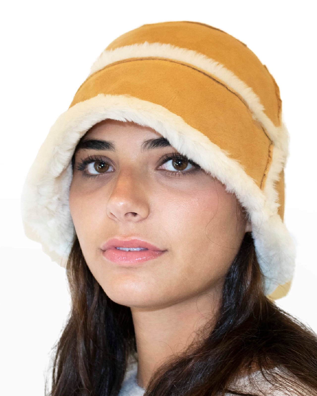 Portolano 100% Lamb Skin Shearling Bucket Hat Cap Camel Color Size Small