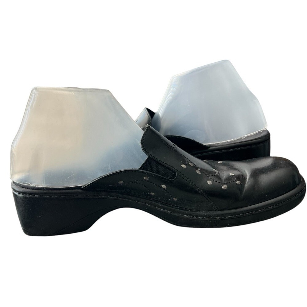 Clarks Slip on Mules Shoes Women size 10 Leather Floral Wedge Heel Casual Black