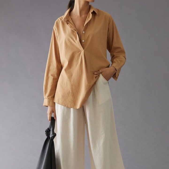 NWT Anthropologie oversized button down side button tunic top Tan Medium
