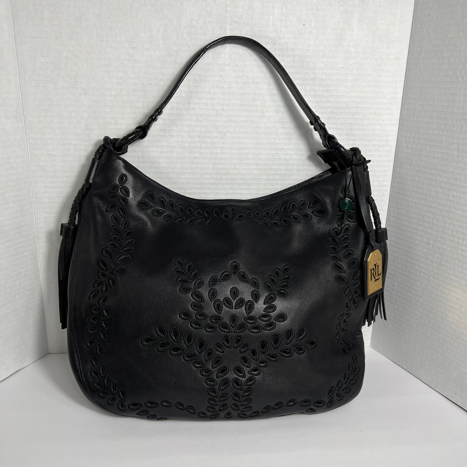 Lauren Ralph Lauren Barlow Jamie Black Genuine Leather Hobo Tassel Shoulder Bag