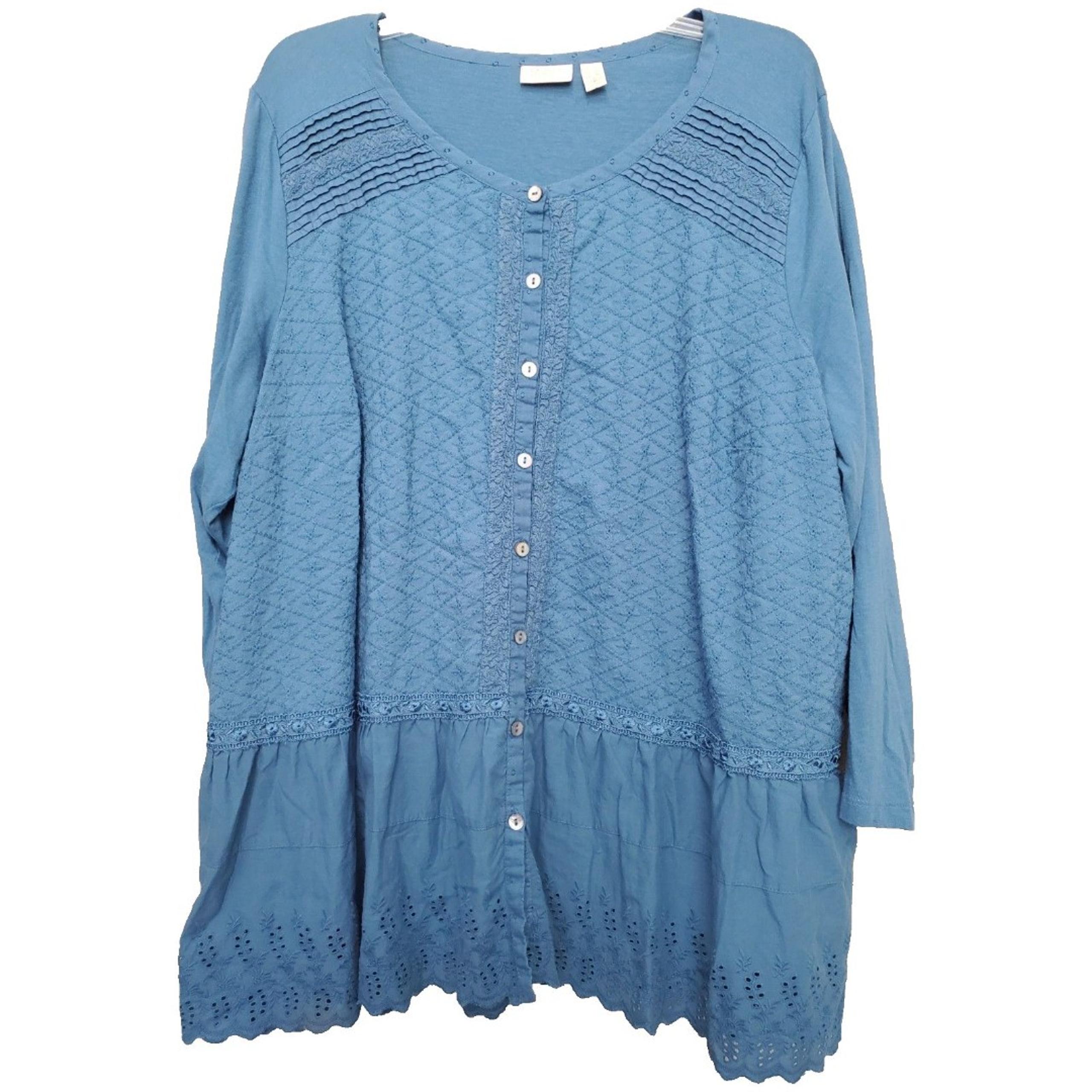 LOGO Lavish Lori Goldstein Blue Cotton/Modal Eyelet Hem Button-Up Tunic Size 2X