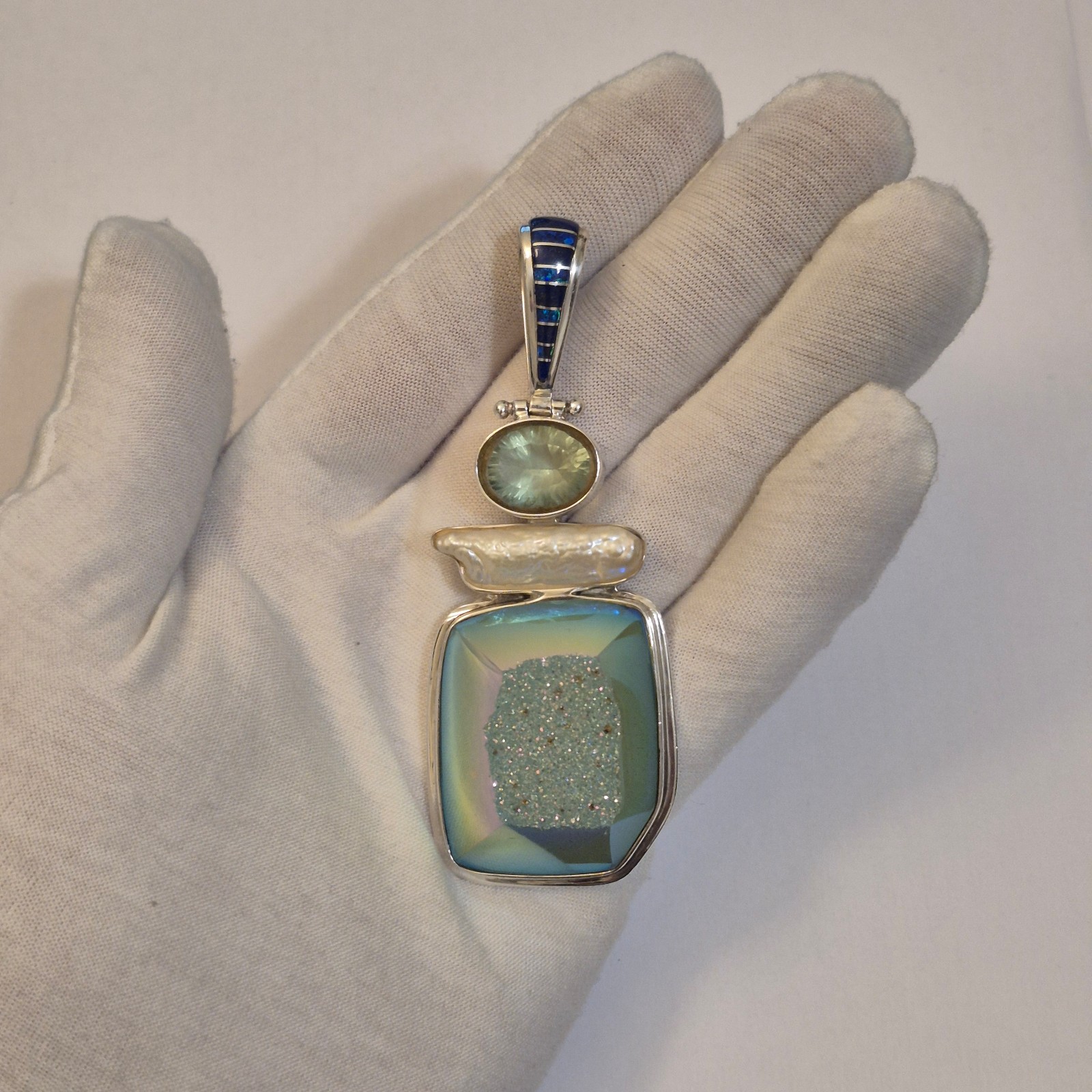Signed M Sterling Silver Artisan Multi-Gemstone Statement Pendant 3.6