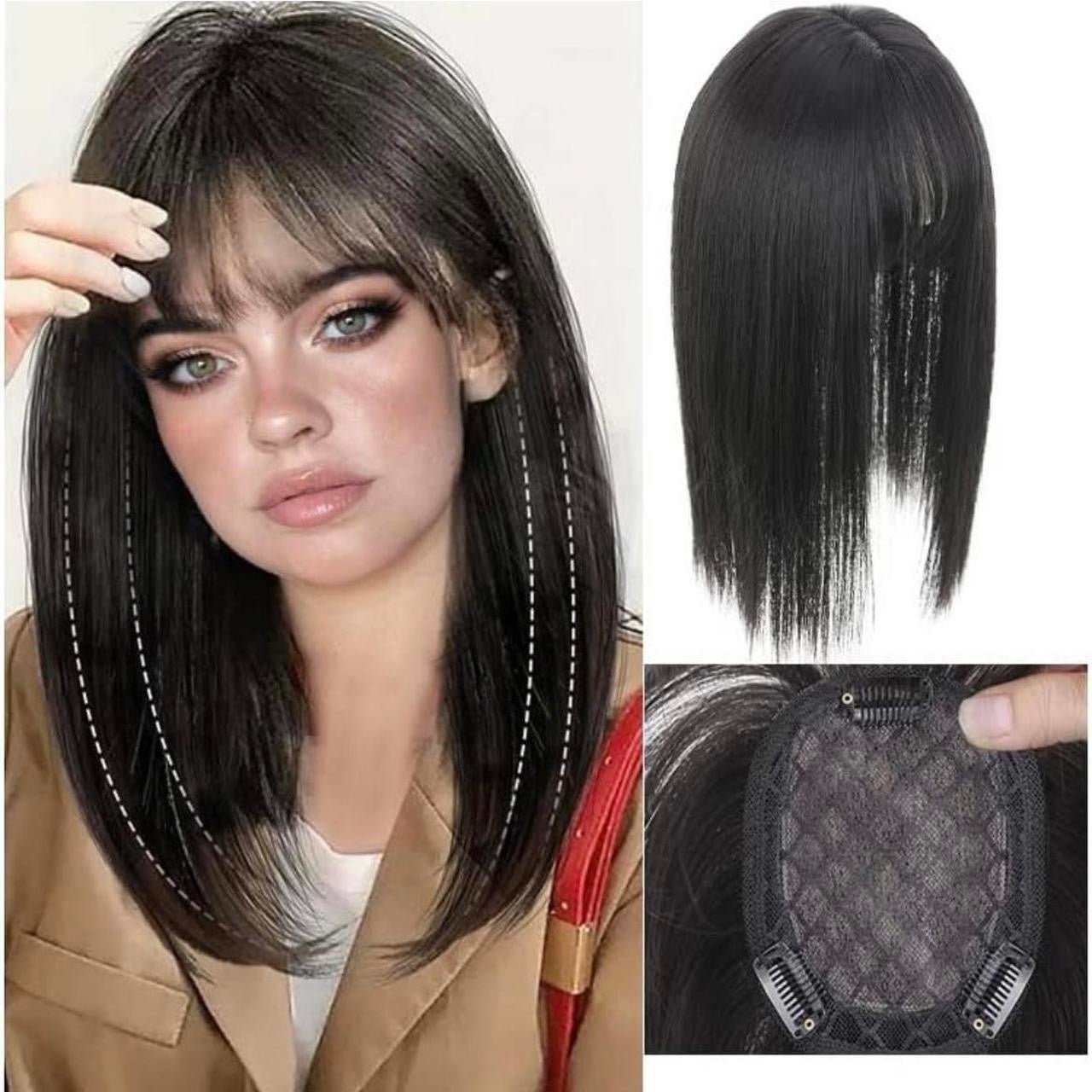 Human hair blend black natural straight top topper hair extension.