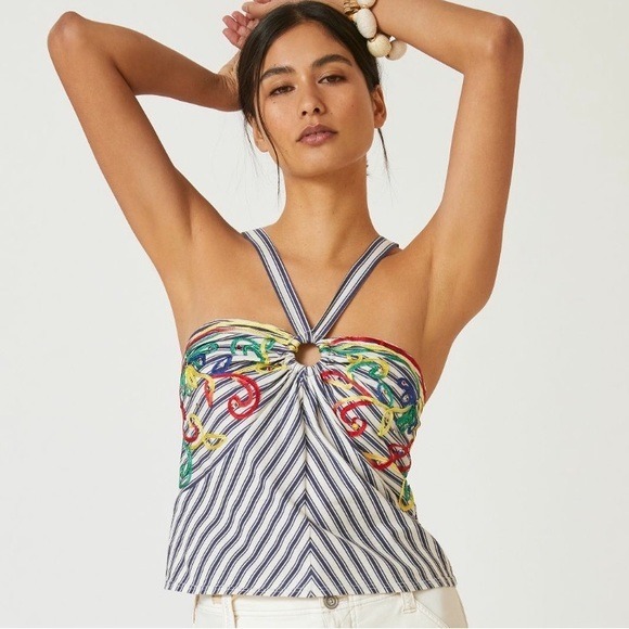 ANTHROPOLOGIE TINY Avril Embroidered Rhinestone Striped Halter Top Size XL NEW