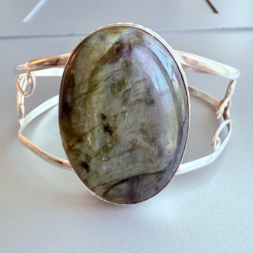HUGE Vintage 925 Sterling Silver 70ct Labradorite Cuff Bracelet