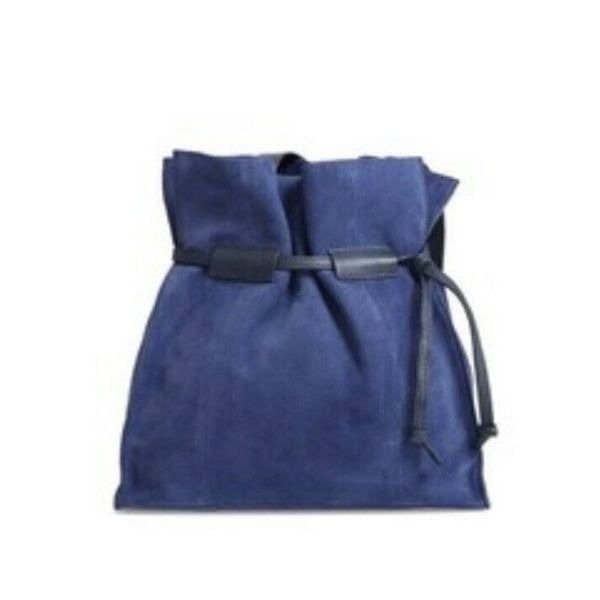 Leith Blue Suede Pull String Leather Bucket Bag Long Strap New NWT