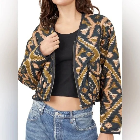 NWT Free People Peggy Quilted Crop Jacket - Ikat Black Combo