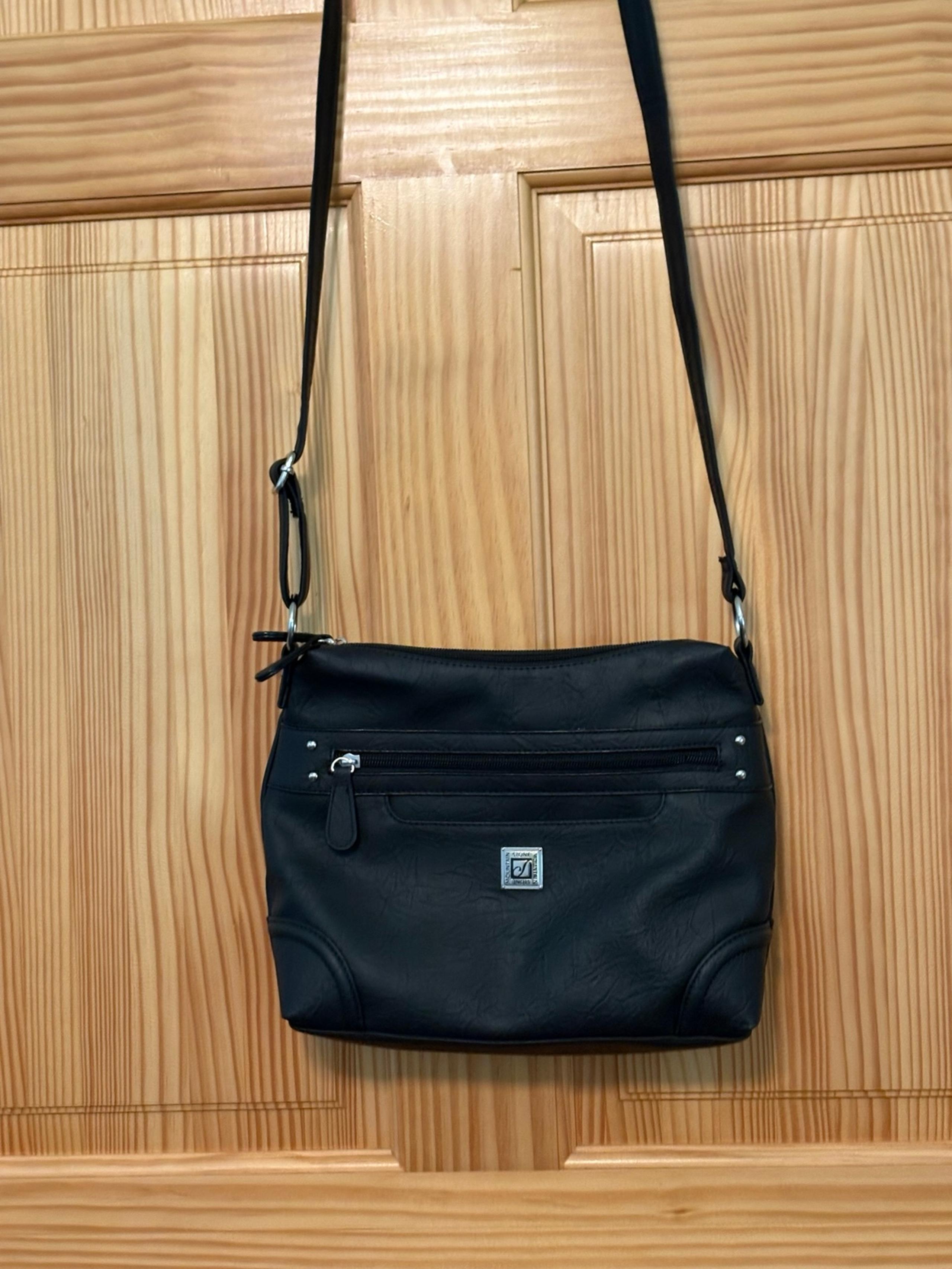 Small Stone Mountain Black Leather Crossbody Bag Multi Zipper Compartments