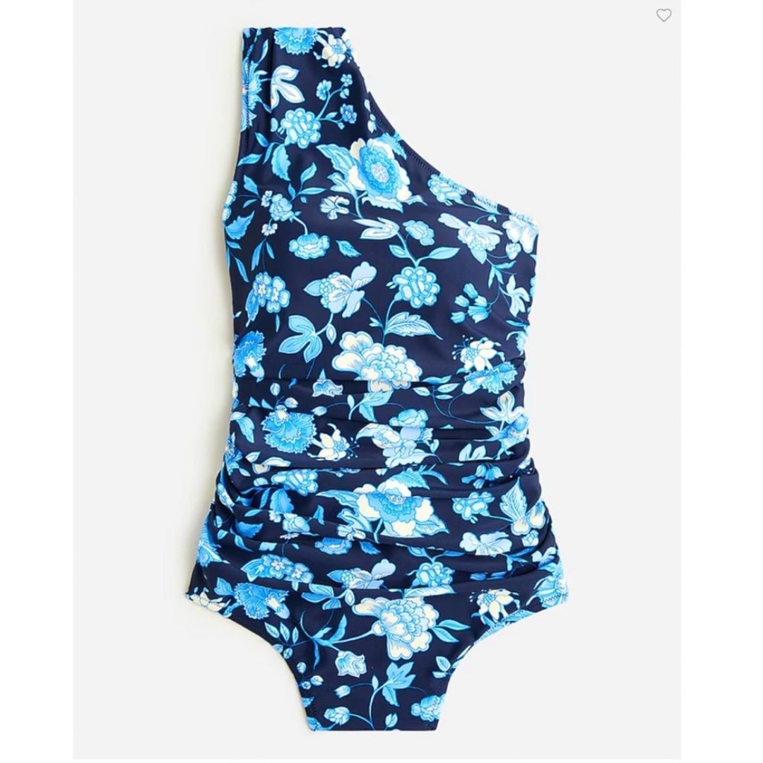 J.CREW Ruched One Shoulder One Piece Swimsuit Size 24/3X Blue Floral Beach NWT