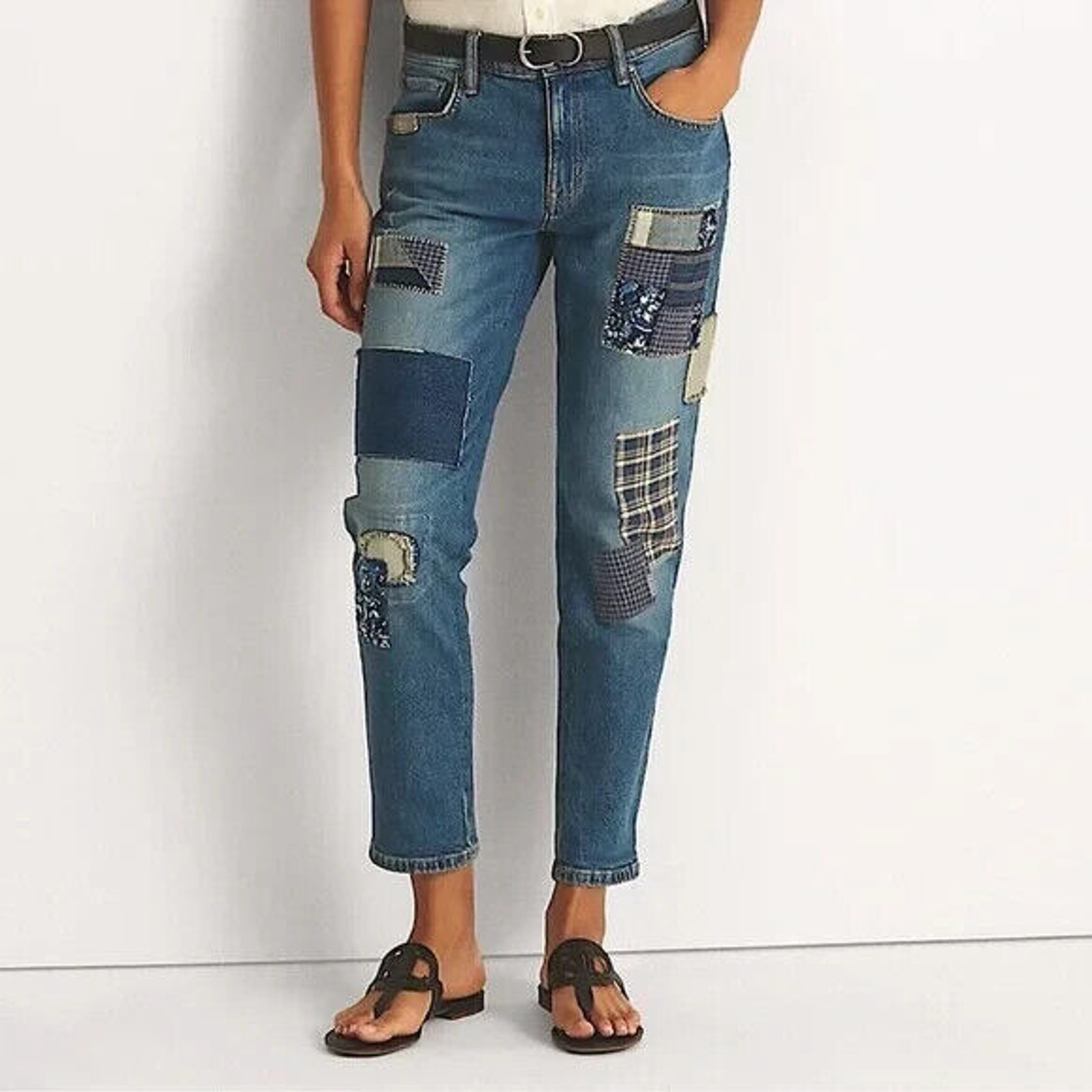 RALPH LAUREN RELAXED COMFORT FIT PATCHWORK DENIM JEANS SZ 10