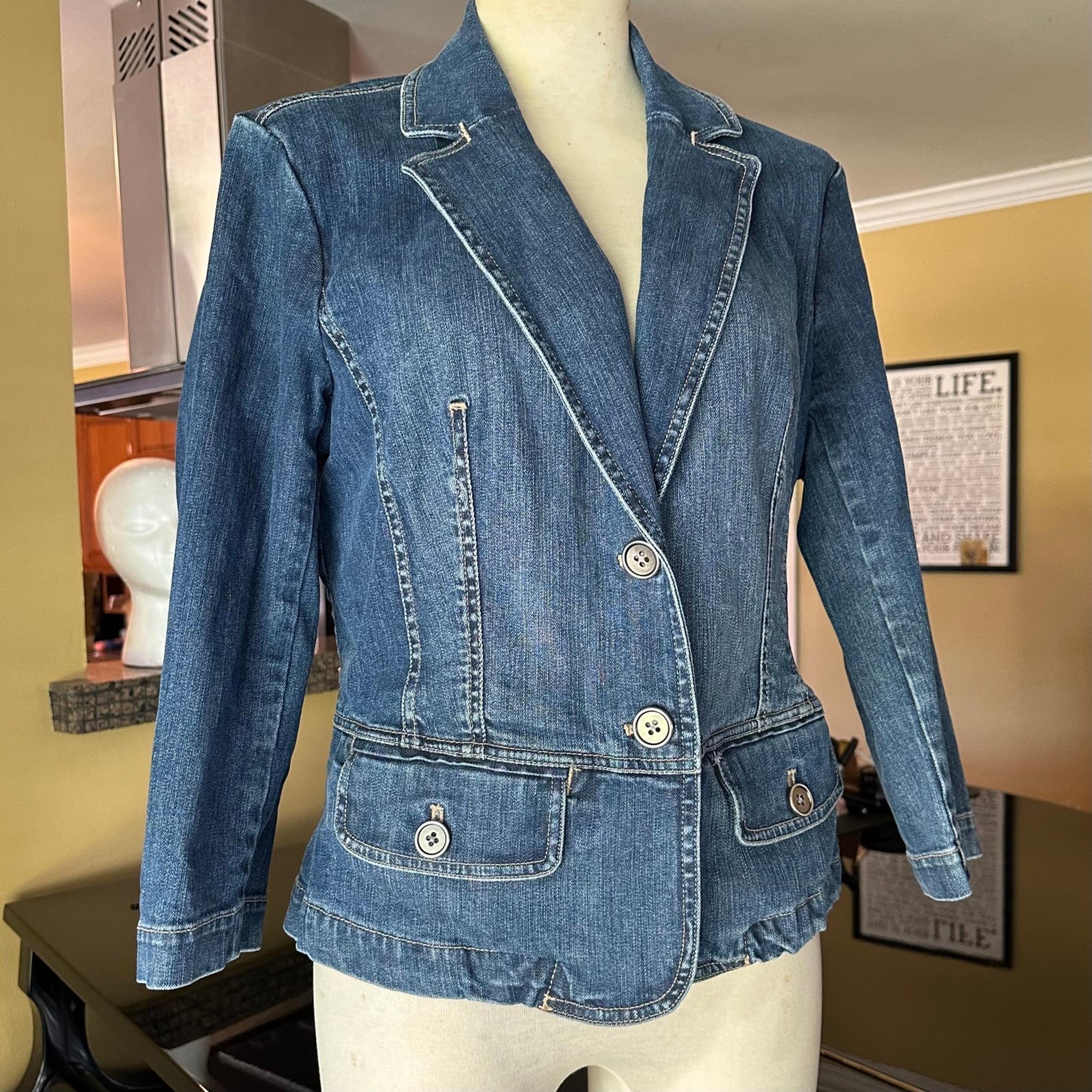 Talbots Tailored Stretch Denim 3/4 Sleeve Peplum Style Blazer Jean Jacket 14