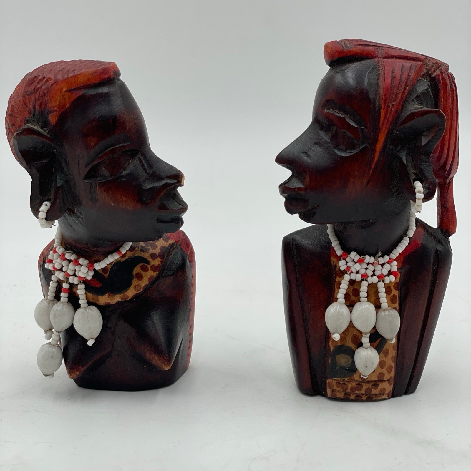 Pair of Old Vintage African Carved Solid Wood Man Woman Bust Pair Shell Jewelry