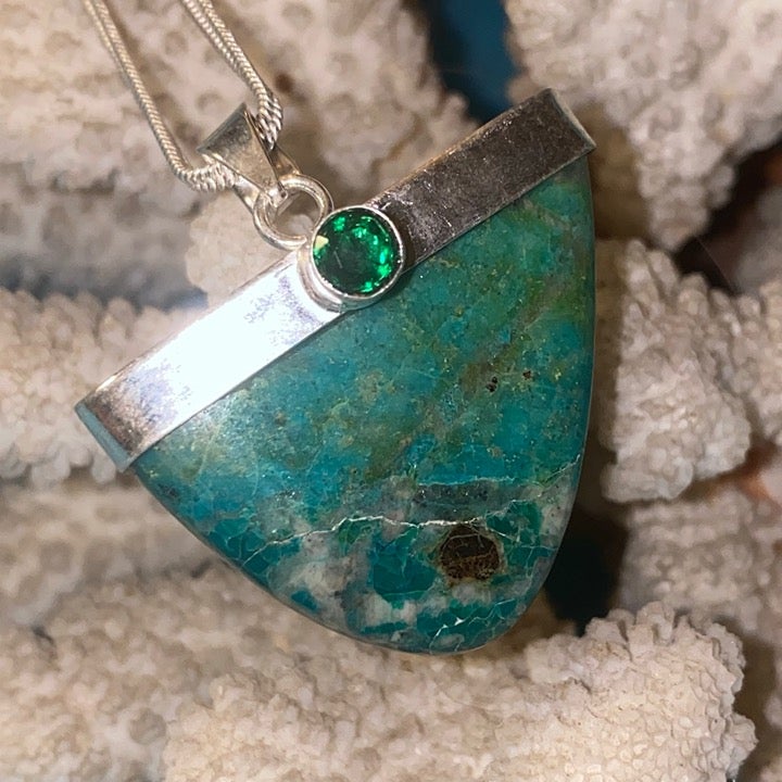 Chrysocolla + Green Quartz handmade natural Gemstone pendant