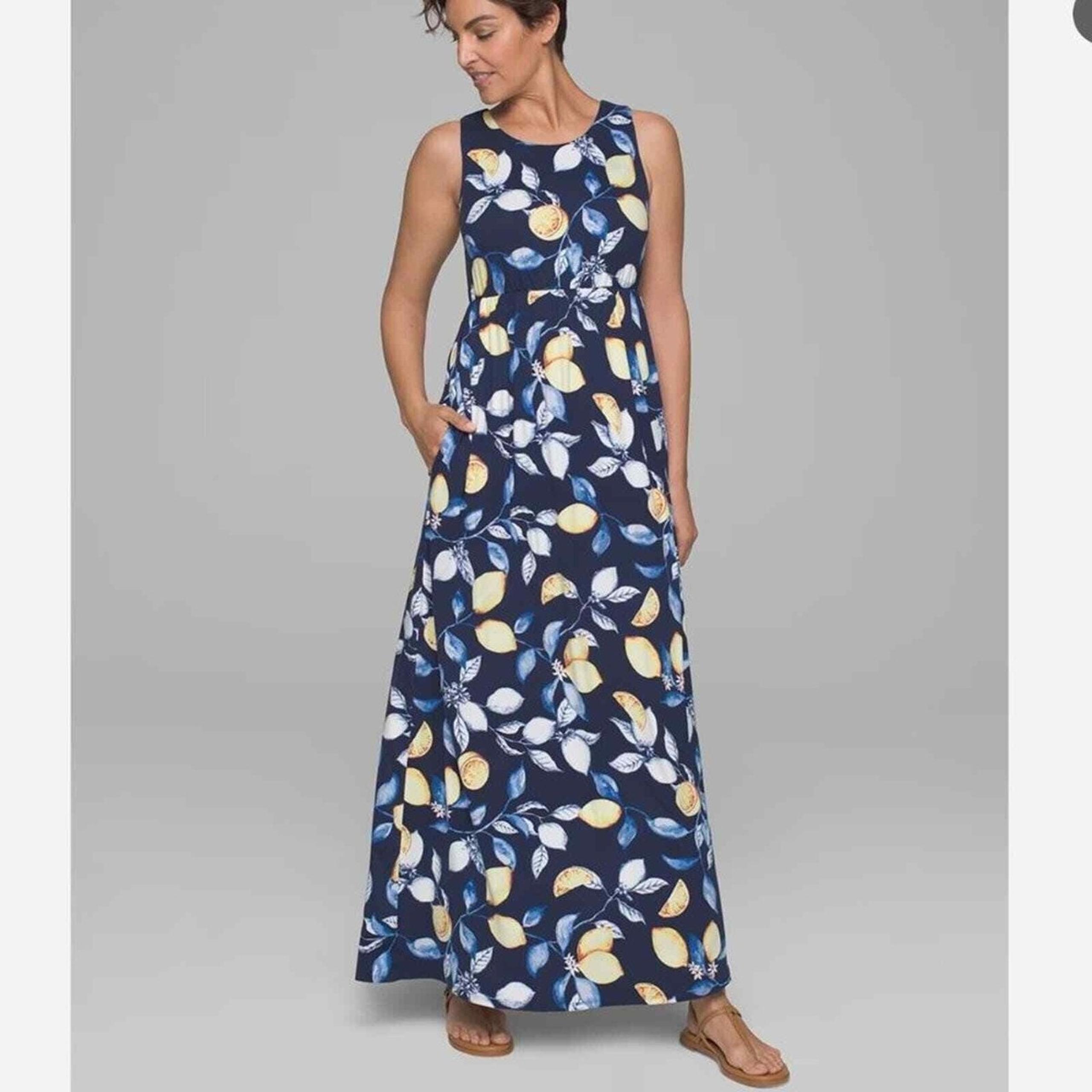 Soma High Neck Maxi Dress Navy Lemons Sleeveless Women's XL