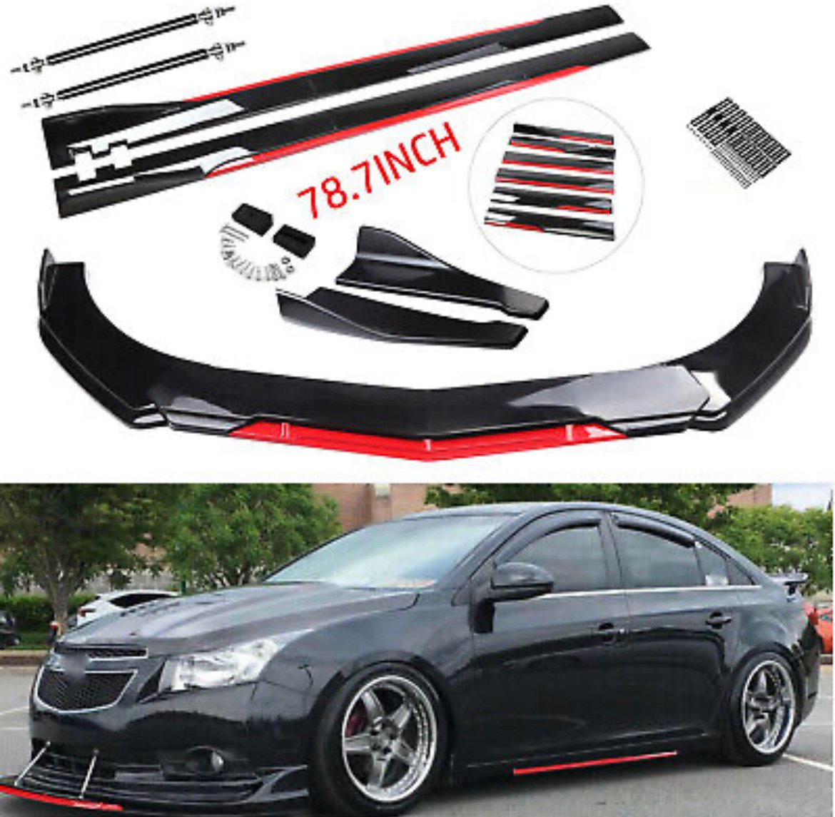 For Chevrolet Front Bumper Lip Spoiler Splitter Kit+78.7Side Skirt Extension Red