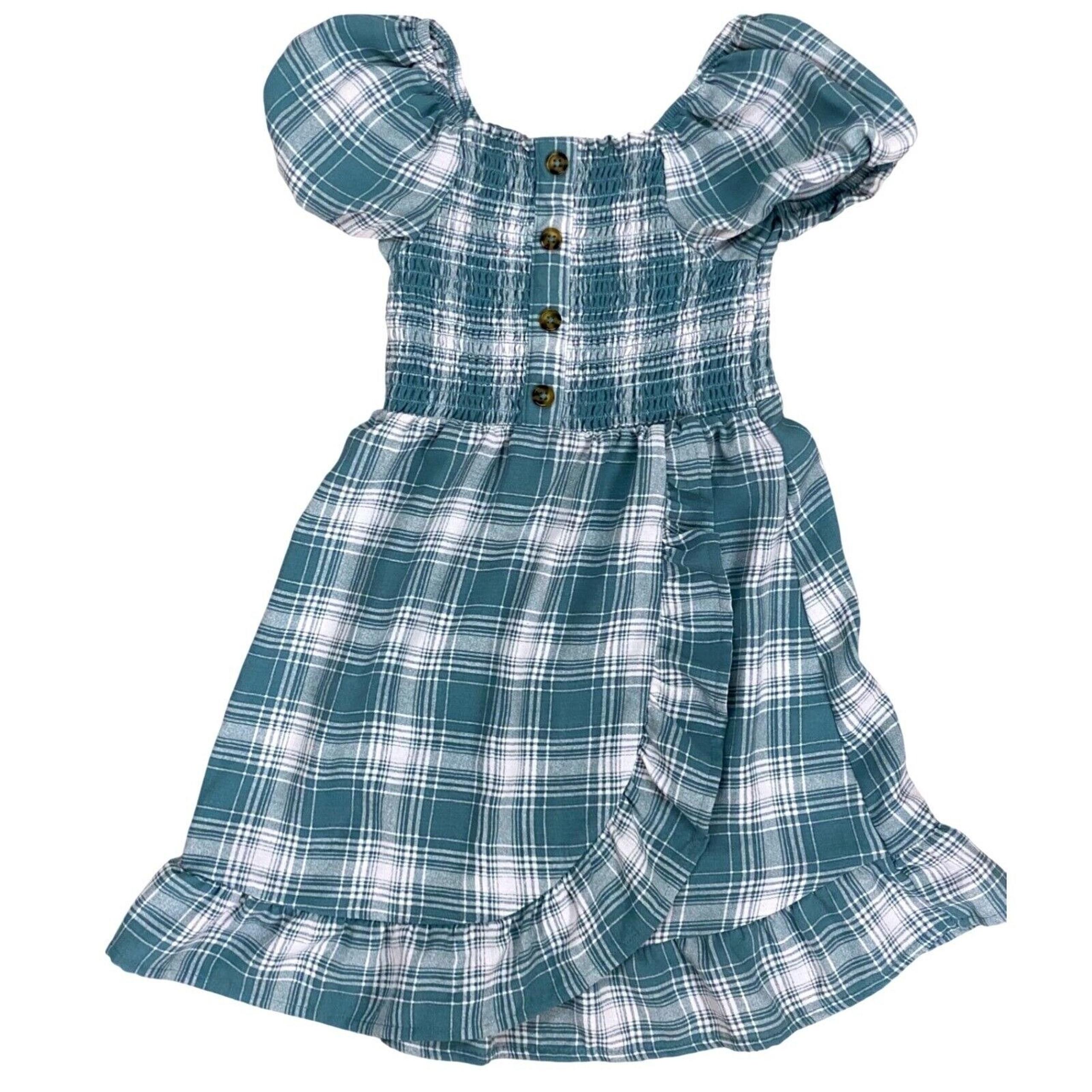 Wonder Nation Girls Plaid Dress Smocked Ruffle Trim Blue/Green/White Size S