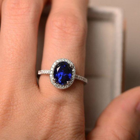NEW 18K WT Gold Blue Sapphire Halo Ring