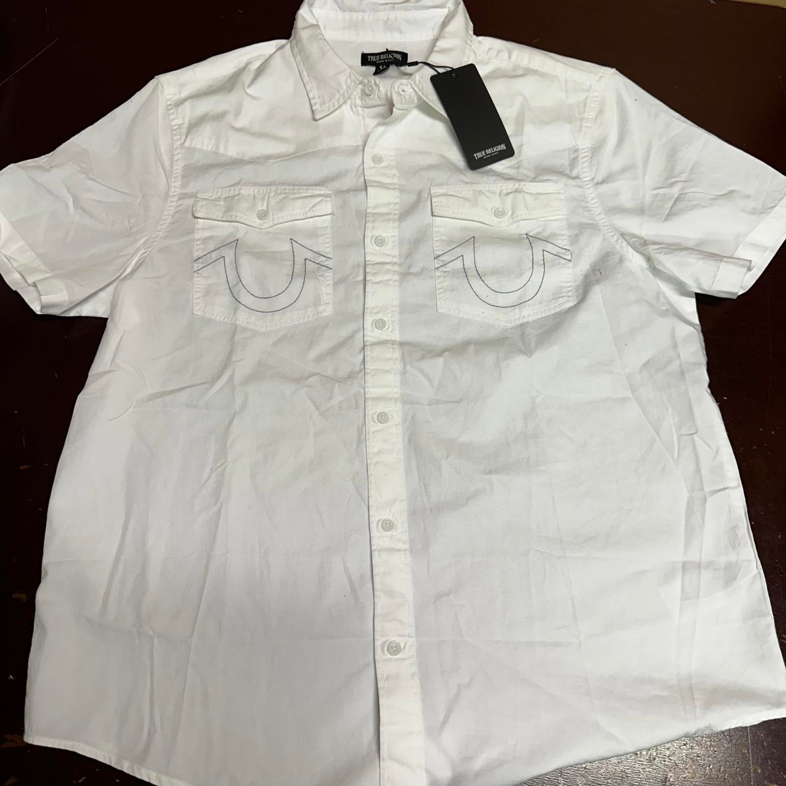 True Religion men, white short sleeve front button up shirt, large