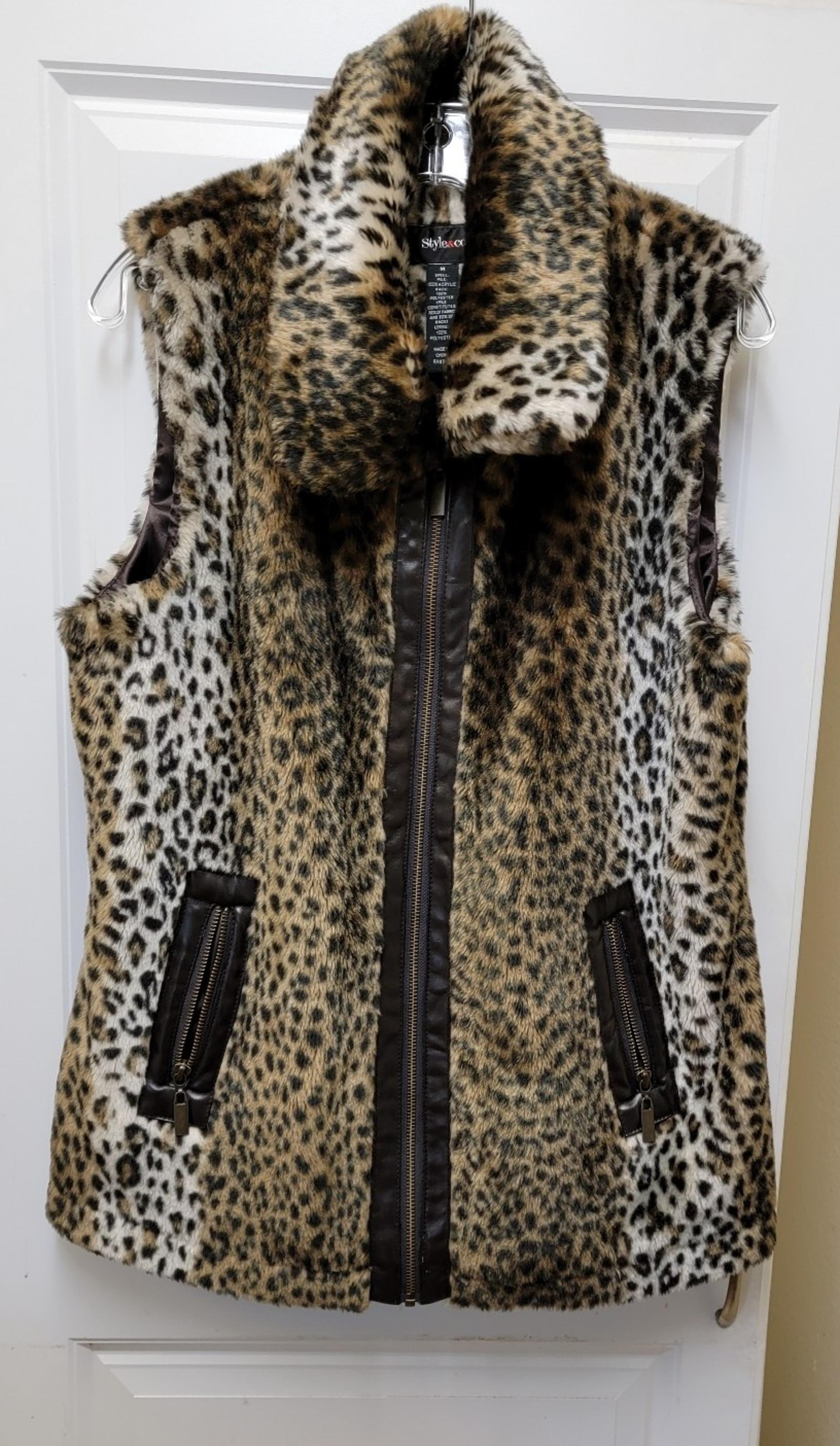 Style & Co Women's Med Brown Leopard Faux Fur Lined Zipper Front Sleeveless Vest