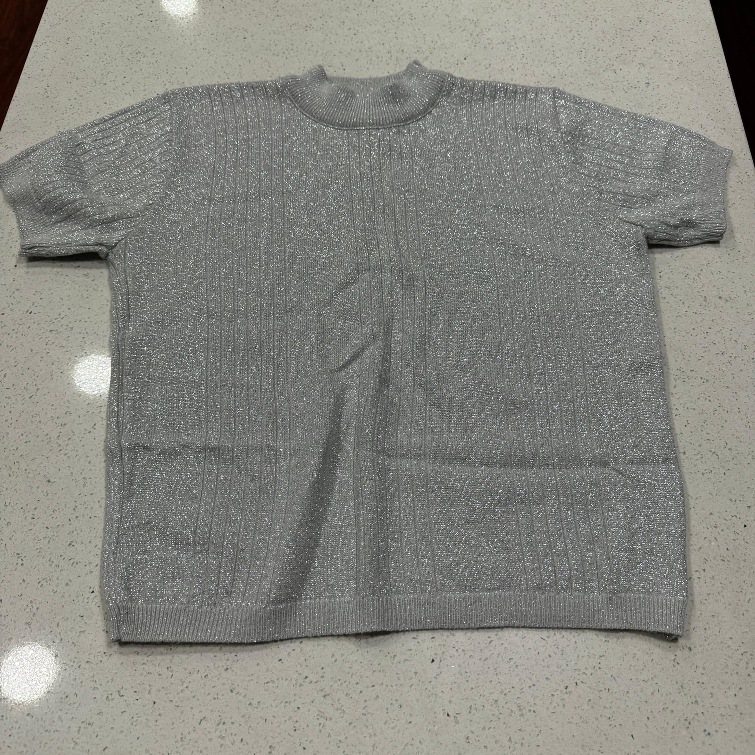 VTG Norton McNaughton M ribbed Top Shirt mock neck short sleeve Silver Metallic