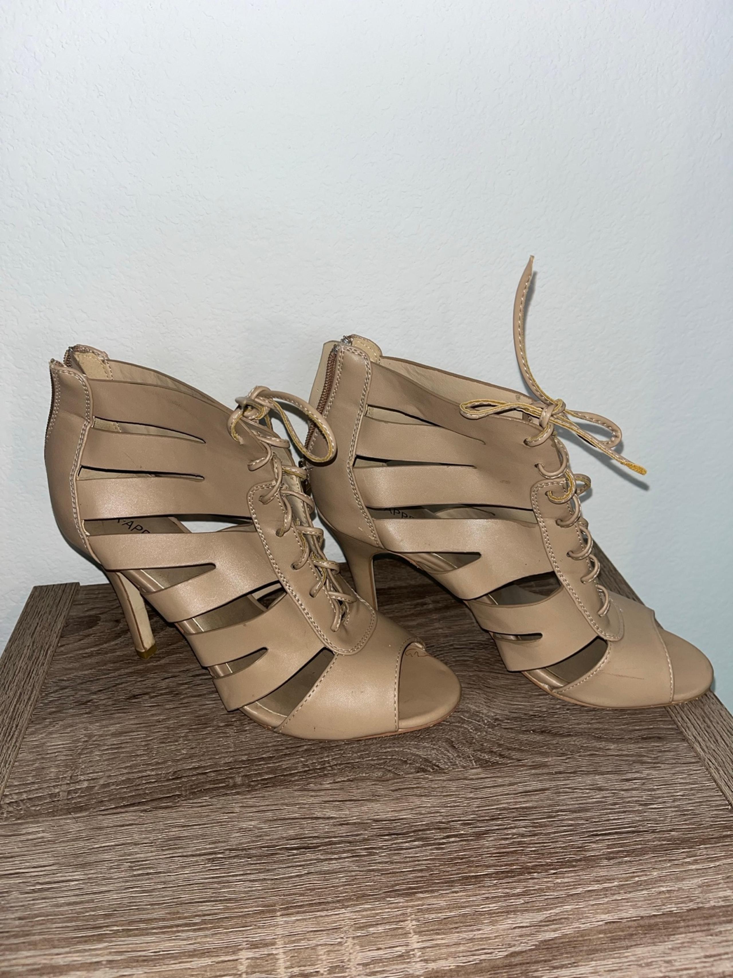 X-Appeal Chic Feminine Beige Tan Peep Toe Cut Out Lace Up 4-Inch Heel Shoes Sz 8