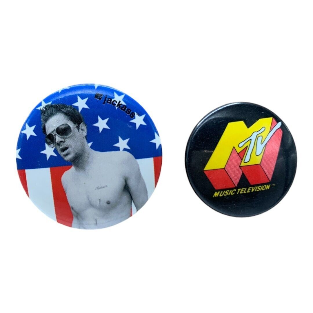 Vintage Jackass Johnny Knoxville MTV Metal Button Pins set of 2 USA Flag 1.5 1