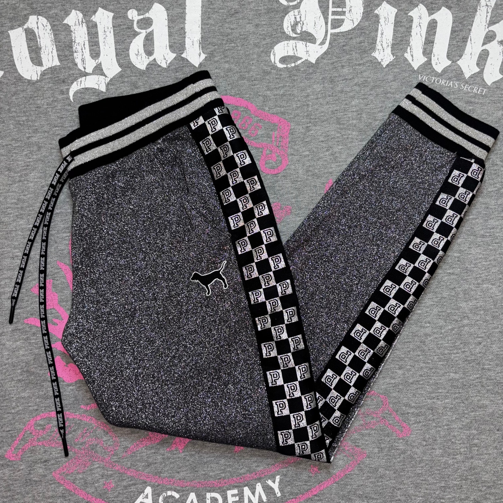 Victoria’s Secret PINK Bling Shine Glitter Checker Fashion Show Joggers Small