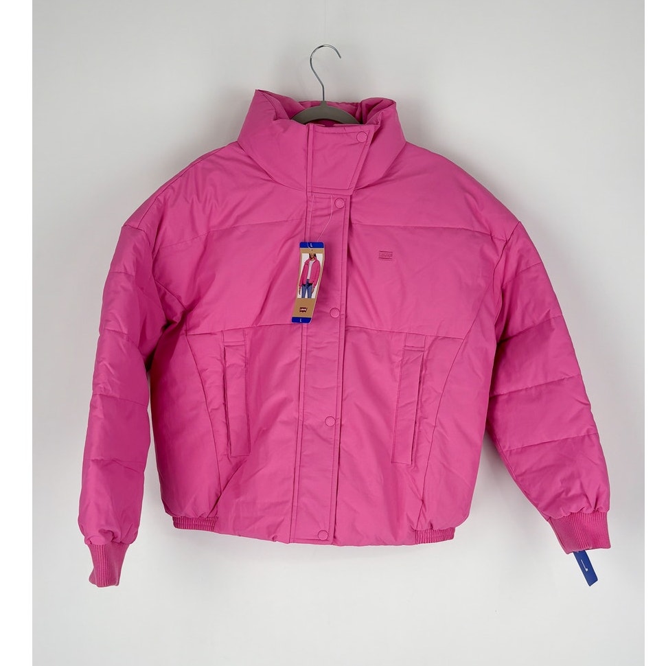 Levis Womens Cinch Waist Puffer Jacket Size Large Pink New Nylon Coat Zip Up