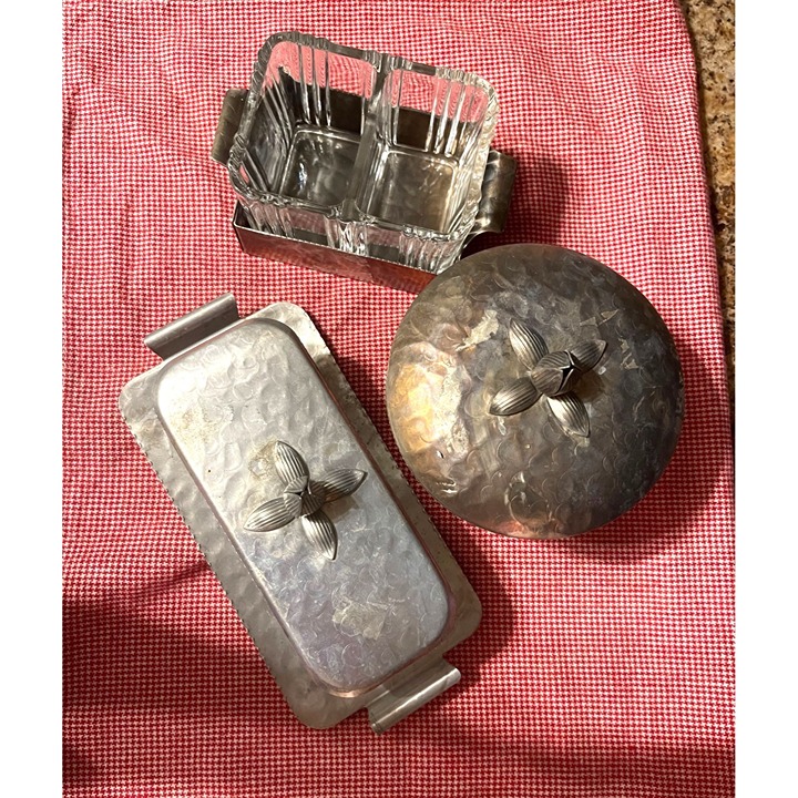 Rodney Kent hammered aluminum, 50's retro set Kent Butter, Sugar, Divided Relish