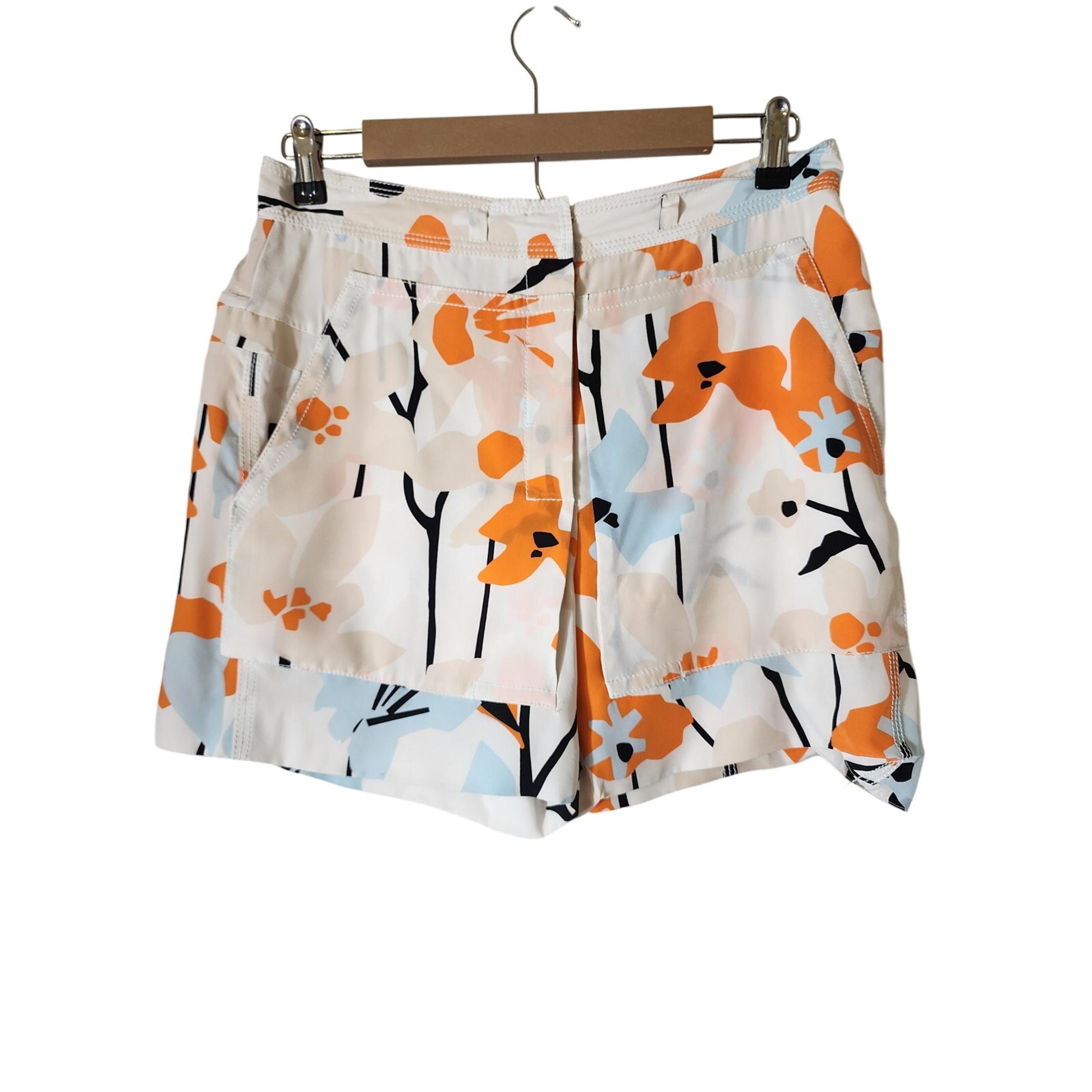Diane Von Furstenberg Orange White Light Blue Silk Hi-Waist Casual Shorts SZ 8