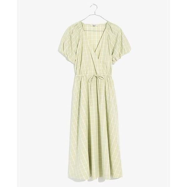 Madewell Plaid Tie-Waist Midi Dress w/pockets - Faded Seagrass Size S, NE757 NWT