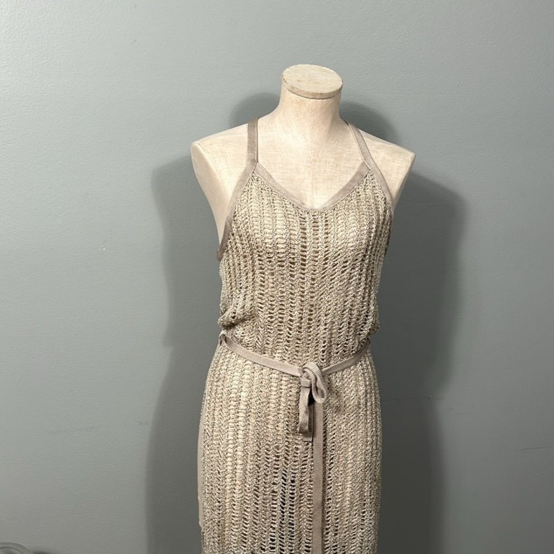 Free People Crochet like Mesh Beige See Through Belted Side Slit dress size XS