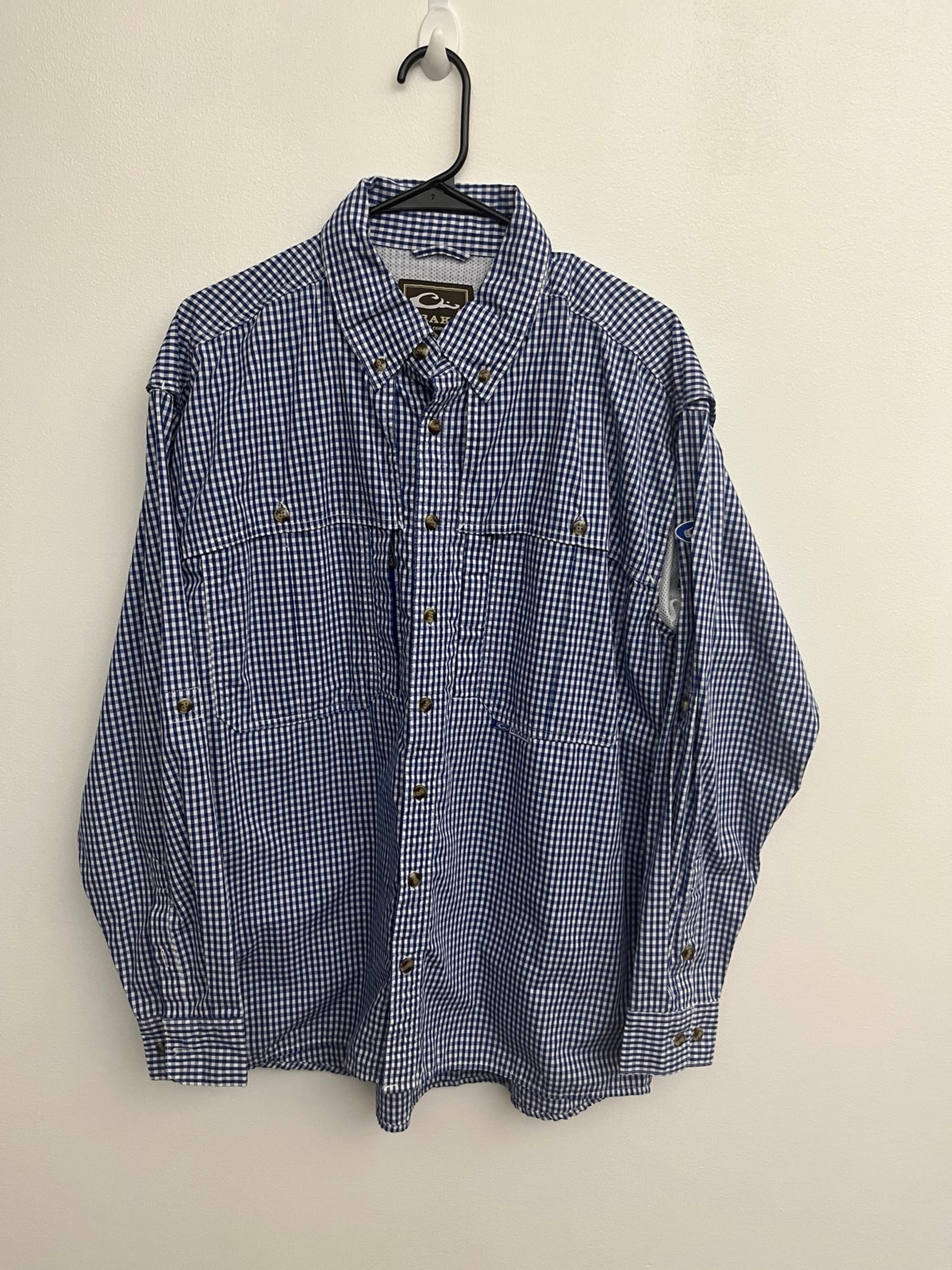 Drake Clothing Shirt Mens Medium Blue Plaid Vented Magnet Zip Fishing Button Up