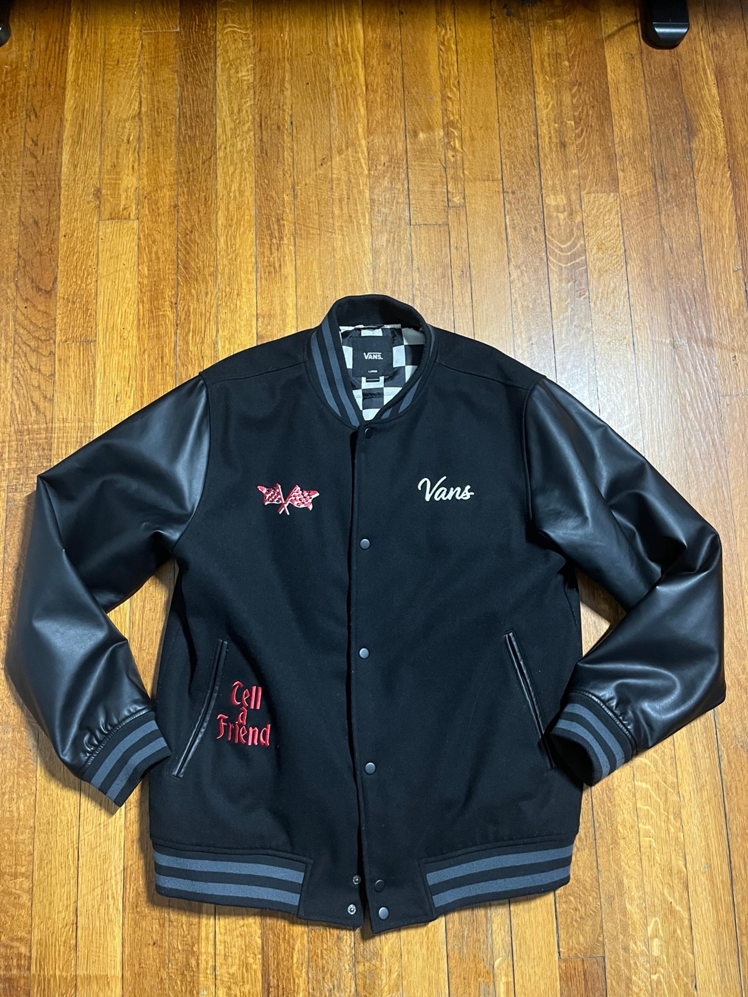 Vans Stevens Varsity Letterman Bomber Jacket Flaming Skull Mens size Large LE