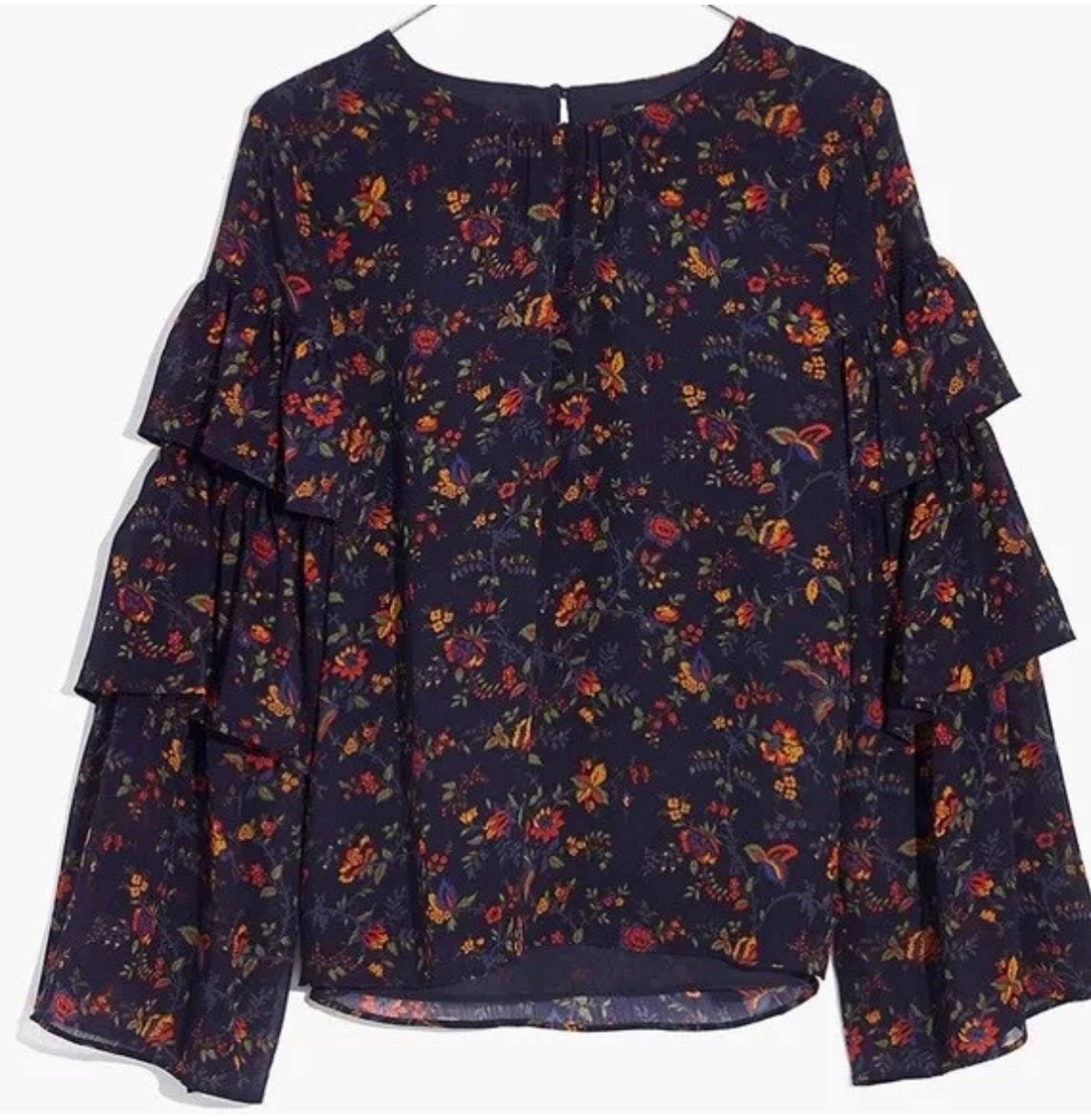 Womens Madewell Blue Floral Climbing Vine Tiered Ruffle Sleeve Chiffon Blouse M
