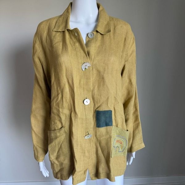VTG Nino Wong Linen Blazer Top With Animal Embroidery