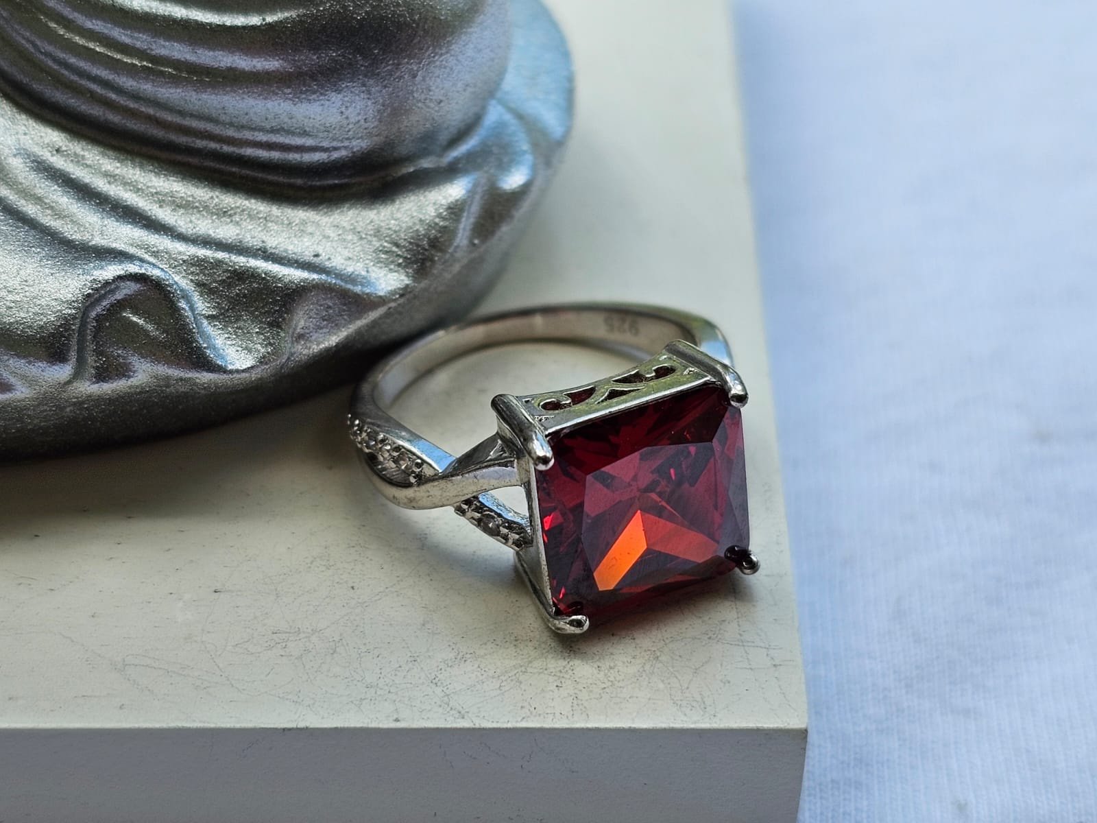 Designer Sterling Silver 925 Clear and Red CZ Cocktail Ring Size 8.75