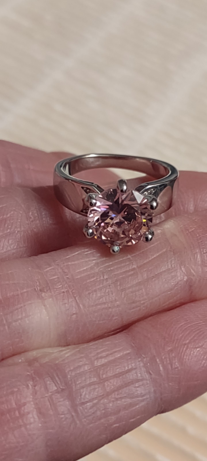 Sz 8, Sterling silver and three carat pink sapphire engagement ring