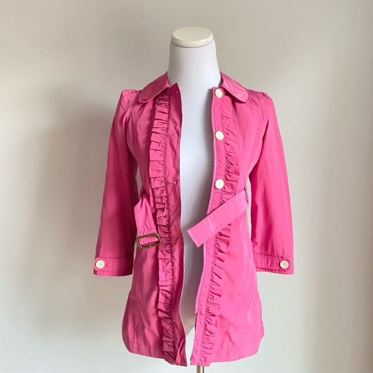 Land’s End Hot Pink Floral Lined Ruffle Girls Kids Rain Trench Coat