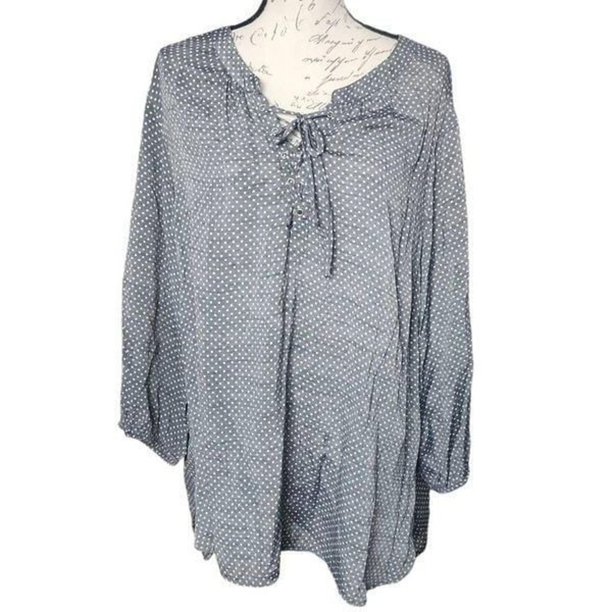 Fred David Women's Size 2X Gray White Polka Dot Lace Up 3/4 Sleeve Blouse