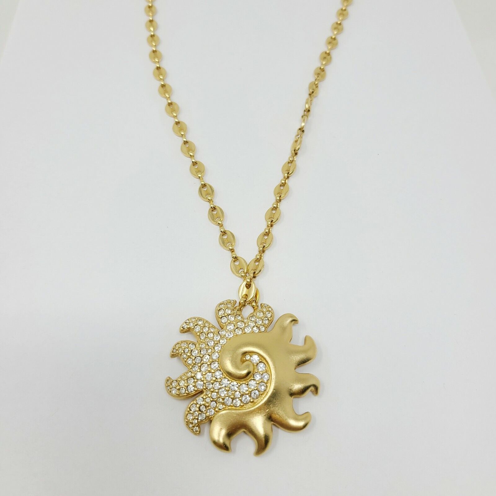 Vintage Authentic Swan Swarovski Crystal Sun Necklace Long 32 Pendant Gold Tone