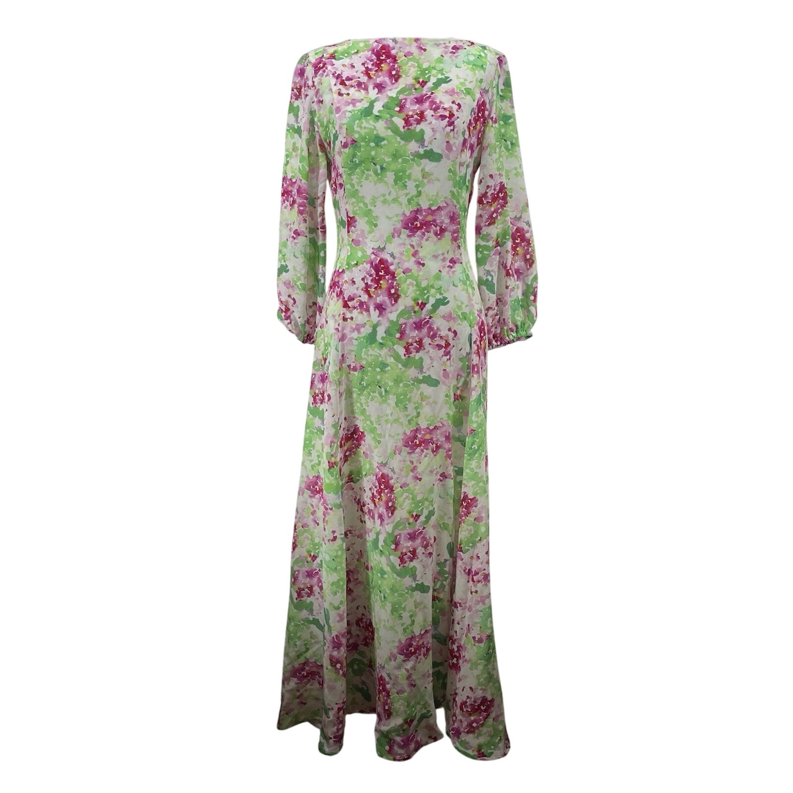 Catherine Prevost Size Small Silk Floral Maxi Dress Purple Green Watercolor Gown