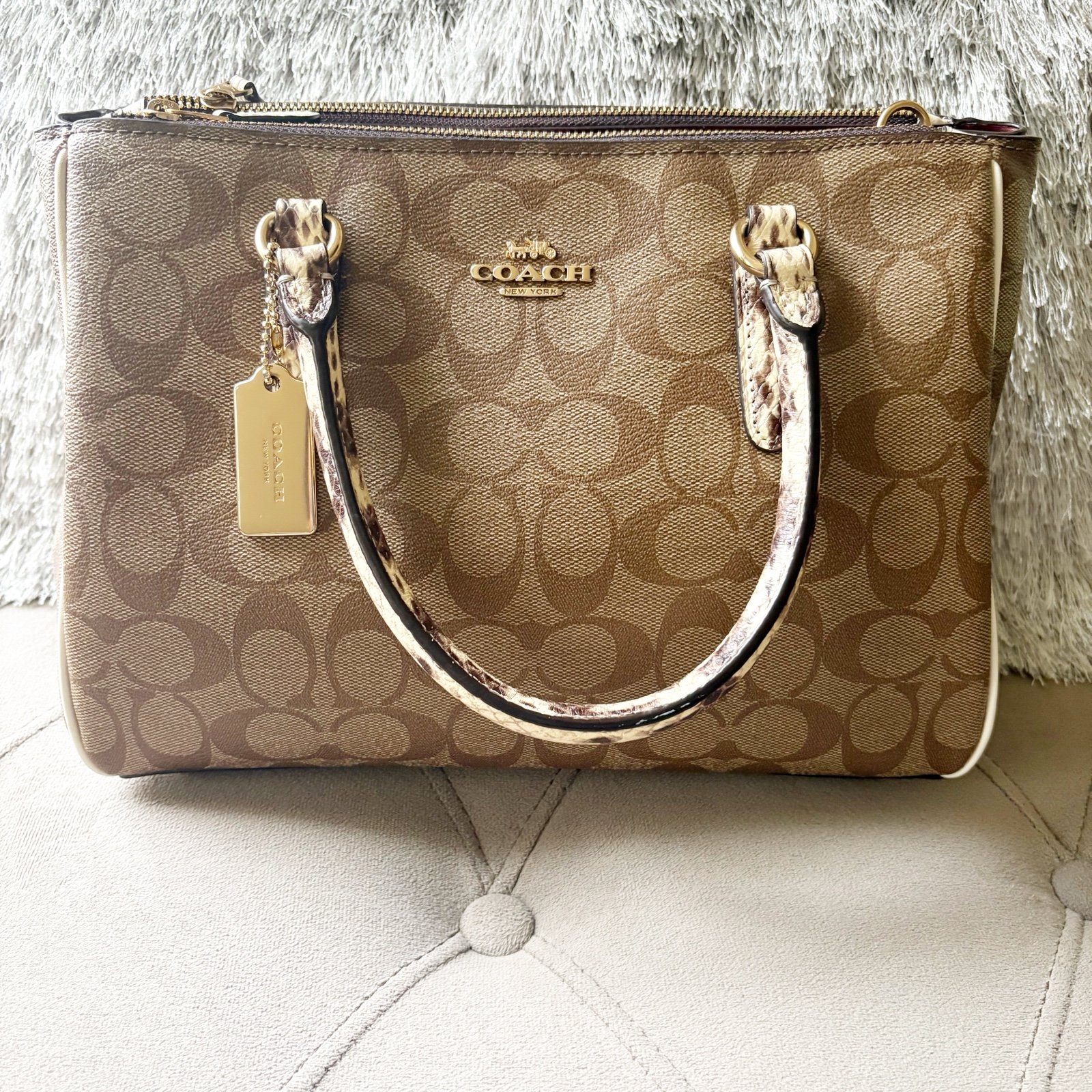 Coach Satchel/Crossbody in Color Block Signature Canvas Khaki Chalk Multi