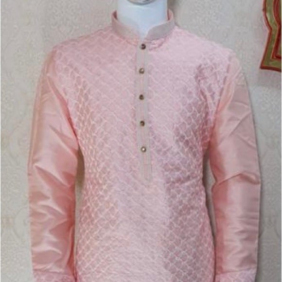 Men's Indian Embroidered light Pink Silk Kurta Set