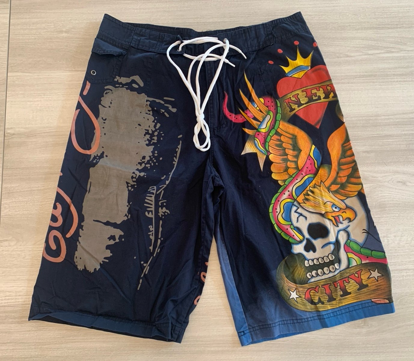 Vtg Ed Hardy Surf Or Die New York City Swim Trunks Board Shorts Men’s Size Lg