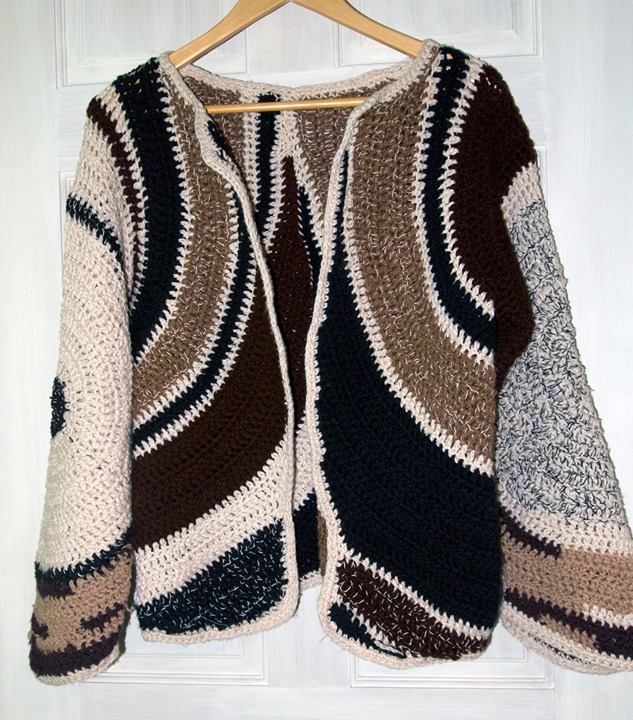 Open Front Cardigan Upcycled Yarns Handmade Ivory Black and Brown