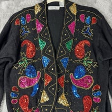 Vintage 80s Sweater Womens M Black Colorful Pullover Beaded Silk Angora Holiday