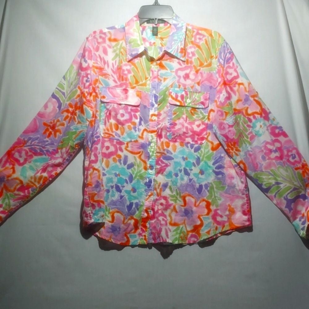Lauren Ralph Lauren Women's bright colorful floral button-up size L 100% cotton